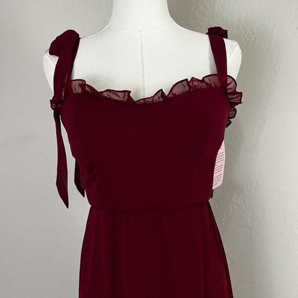 After Six 1570 Size 2 Burgundy Tie-Shoulder Bustier Ruffle Hem Maxi Dress NEW - Picture 2 of 12